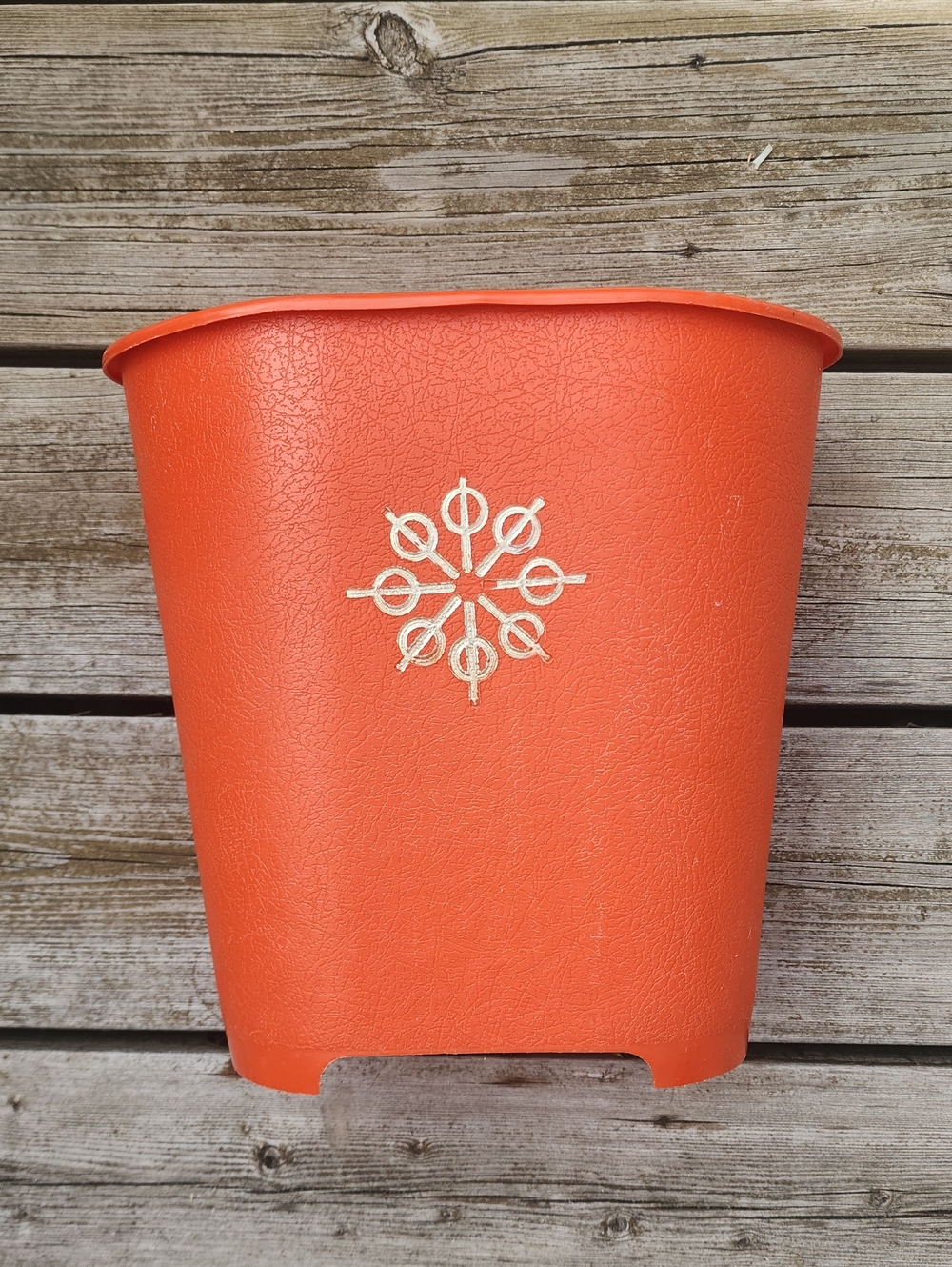 Vintage Mid-Century Modern Orange Plastic Wastebasket, Atomic Starburst Design